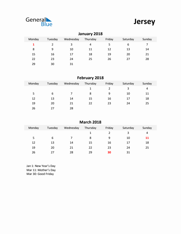 Printable Quarterly Calendar with Notes and Jersey Holidays- Q1 of 2018