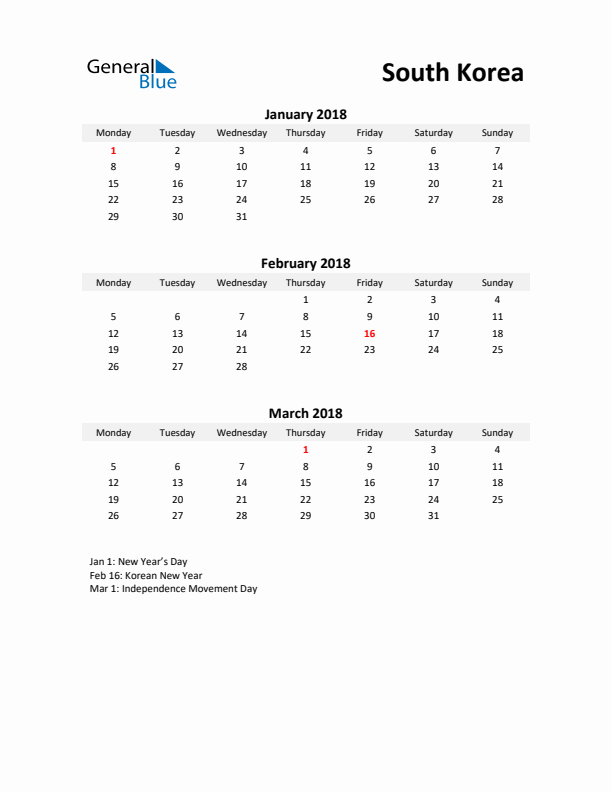 Printable Quarterly Calendar with Notes and South Korea Holidays- Q1 of 2018