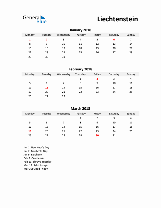 Printable Quarterly Calendar with Notes and Liechtenstein Holidays- Q1 of 2018