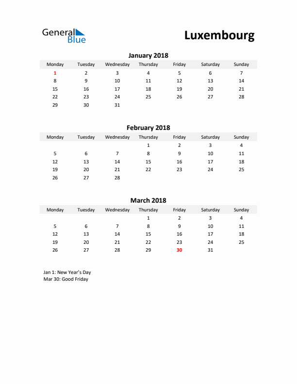 Printable Quarterly Calendar with Notes and Luxembourg Holidays- Q1 of 2018