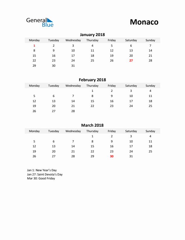 Printable Quarterly Calendar with Notes and Monaco Holidays- Q1 of 2018