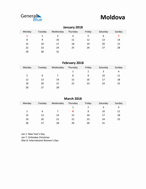 Printable Quarterly Calendar with Notes and Moldova Holidays- Q1 of 2018