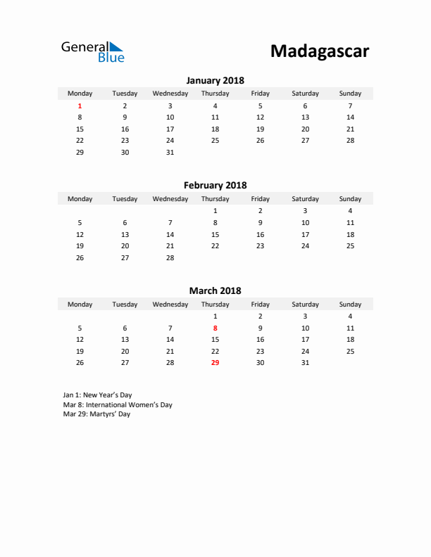 Printable Quarterly Calendar with Notes and Madagascar Holidays- Q1 of 2018