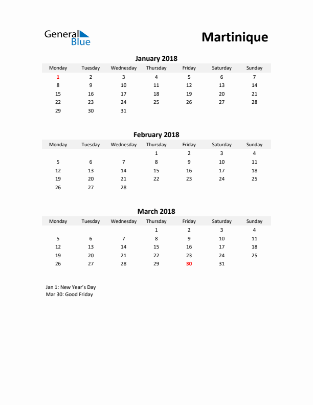 Printable Quarterly Calendar with Notes and Martinique Holidays- Q1 of 2018