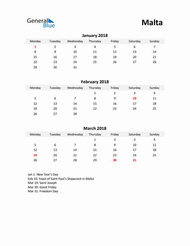 Printable Quarterly Calendar with Notes and Malta Holidays- Q1 of 2018