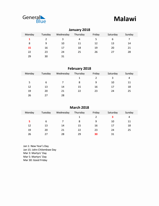 Printable Quarterly Calendar with Notes and Malawi Holidays- Q1 of 2018