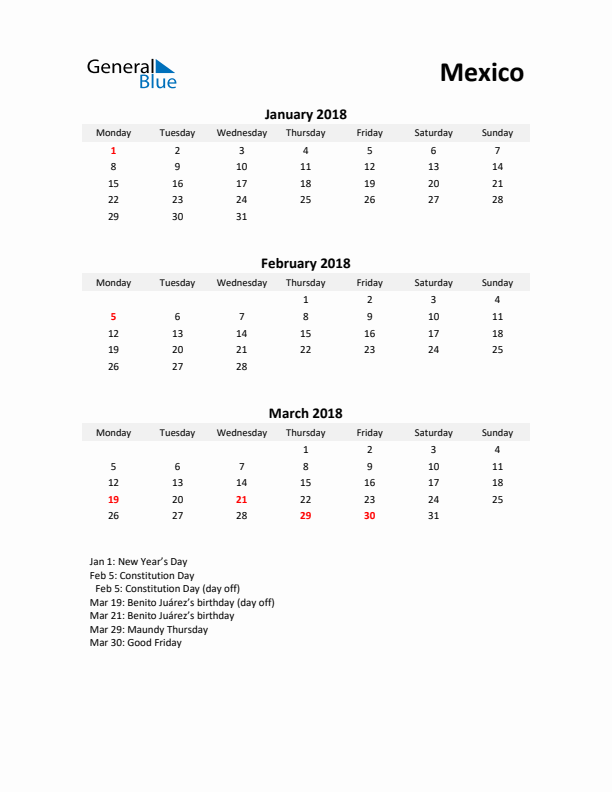 Printable Quarterly Calendar with Notes and Mexico Holidays- Q1 of 2018