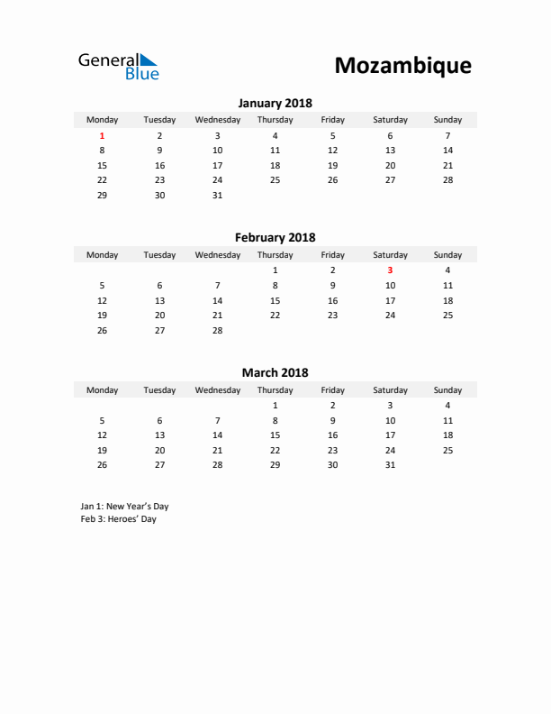 Printable Quarterly Calendar with Notes and Mozambique Holidays- Q1 of 2018