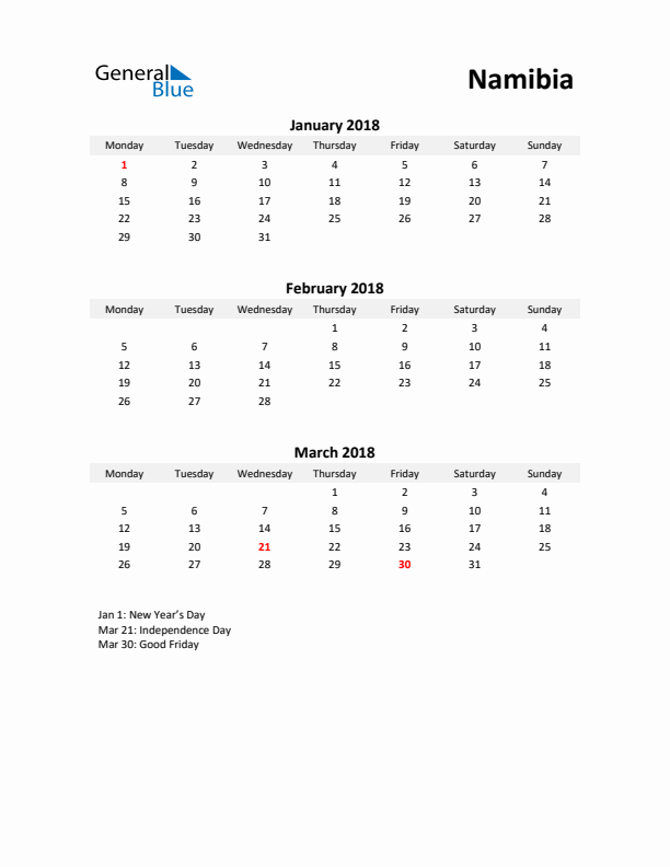 Printable Quarterly Calendar with Notes and Namibia Holidays- Q1 of 2018