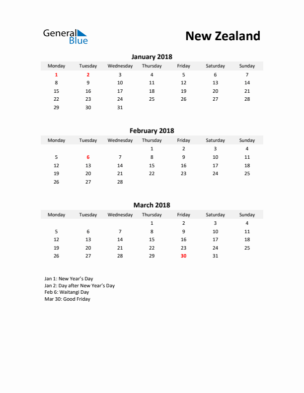 Printable Quarterly Calendar with Notes and New Zealand Holidays- Q1 of 2018