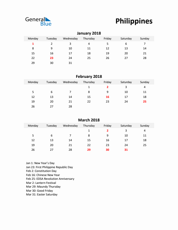 Printable Quarterly Calendar with Notes and Philippines Holidays- Q1 of 2018