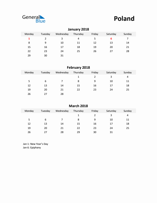 Printable Quarterly Calendar with Notes and Poland Holidays- Q1 of 2018