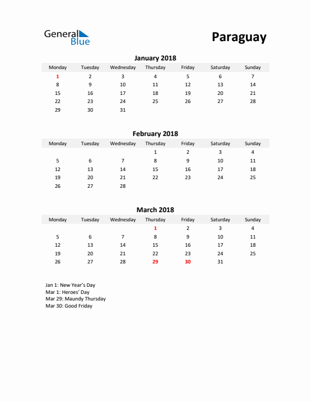 Printable Quarterly Calendar with Notes and Paraguay Holidays- Q1 of 2018