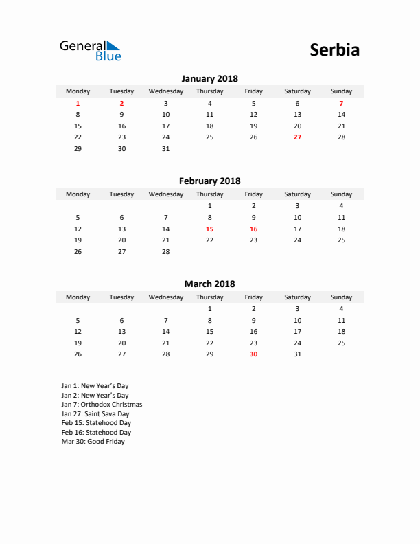 Printable Quarterly Calendar with Notes and Serbia Holidays- Q1 of 2018