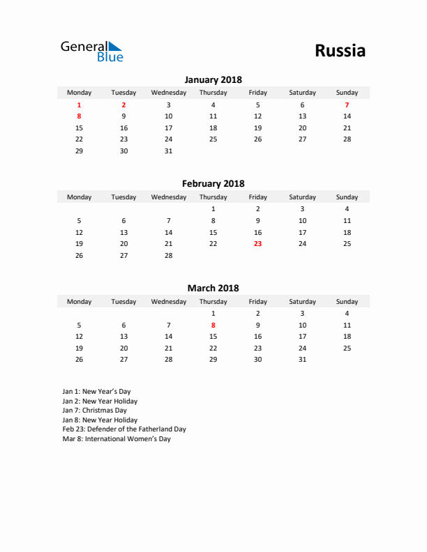 Printable Quarterly Calendar with Notes and Russia Holidays- Q1 of 2018