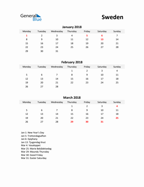 Printable Quarterly Calendar with Notes and Sweden Holidays- Q1 of 2018