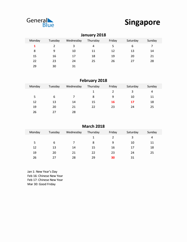 Printable Quarterly Calendar with Notes and Singapore Holidays- Q1 of 2018