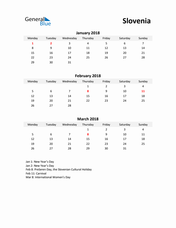 Printable Quarterly Calendar with Notes and Slovenia Holidays- Q1 of 2018