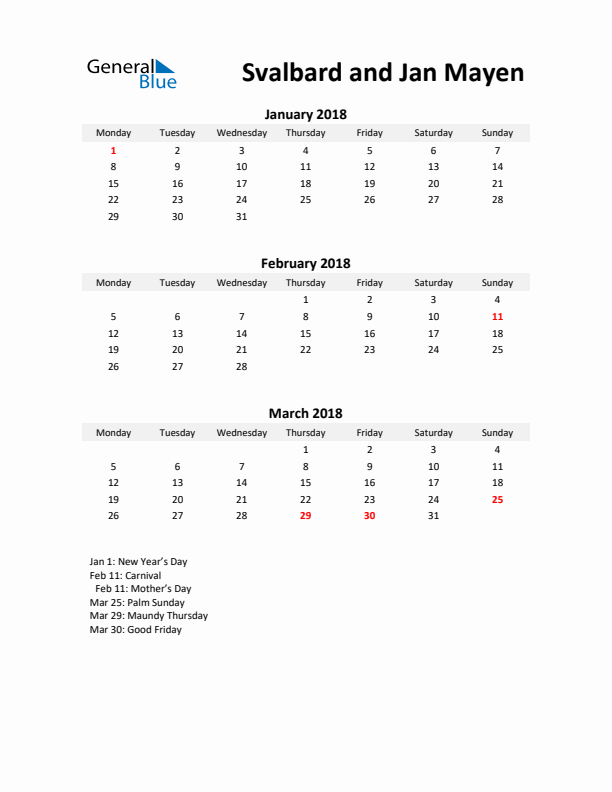 Printable Quarterly Calendar with Notes and Svalbard and Jan Mayen Holidays- Q1 of 2018