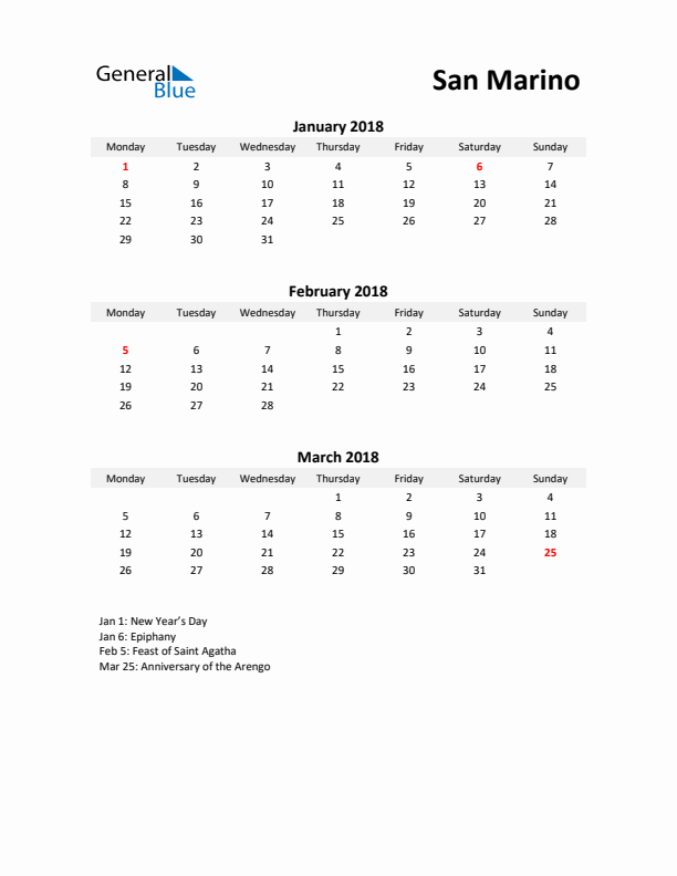 Printable Quarterly Calendar with Notes and San Marino Holidays- Q1 of 2018