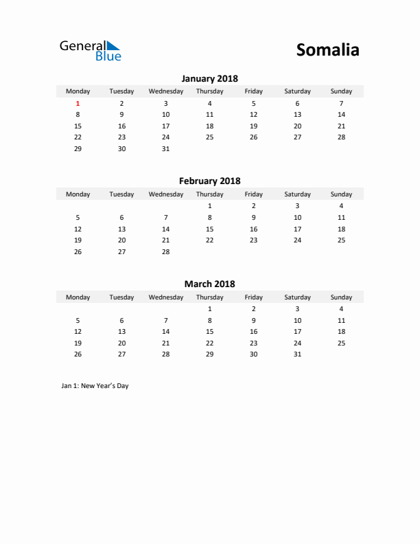 Printable Quarterly Calendar with Notes and Somalia Holidays- Q1 of 2018