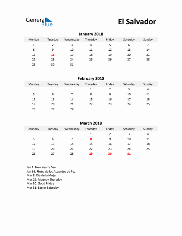 Printable Quarterly Calendar with Notes and El Salvador Holidays- Q1 of 2018