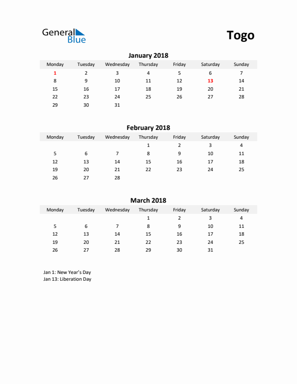 Printable Quarterly Calendar with Notes and Togo Holidays- Q1 of 2018