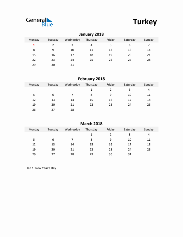 Printable Quarterly Calendar with Notes and Turkey Holidays- Q1 of 2018