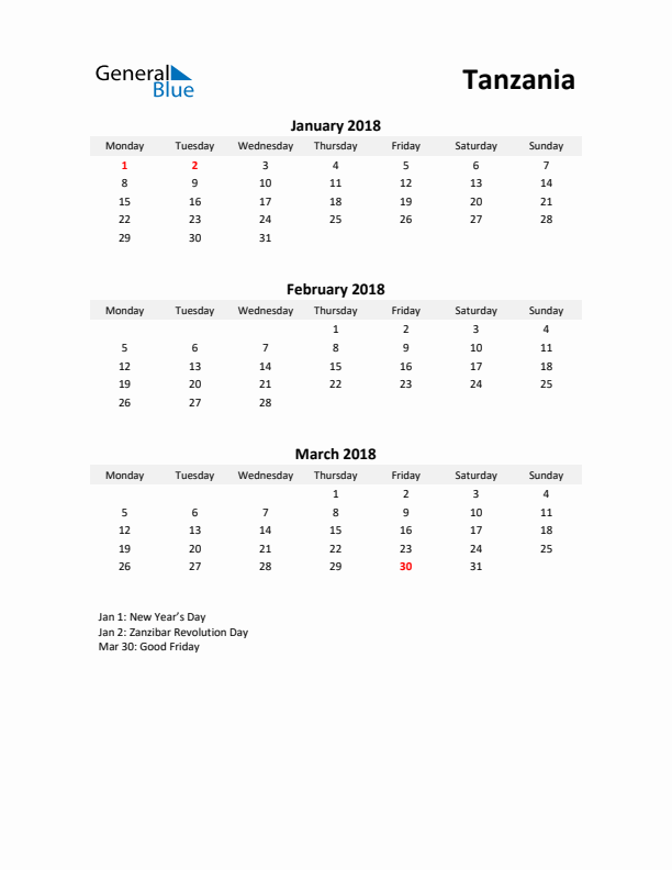 Printable Quarterly Calendar with Notes and Tanzania Holidays- Q1 of 2018