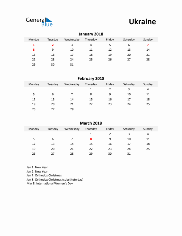 Printable Quarterly Calendar with Notes and Ukraine Holidays- Q1 of 2018