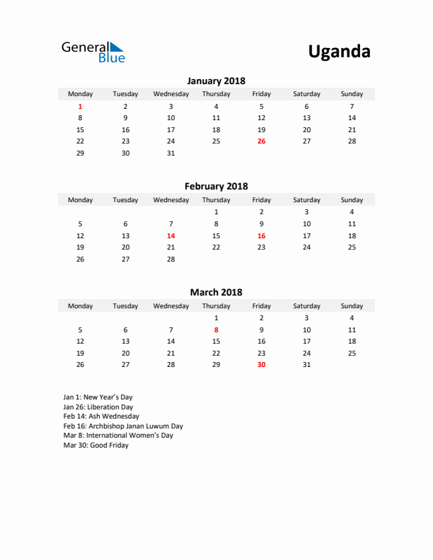 Printable Quarterly Calendar with Notes and Uganda Holidays- Q1 of 2018