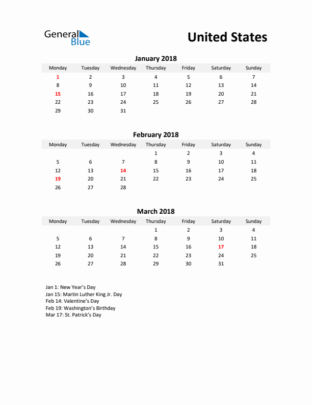 Printable Quarterly Calendar with Notes and United States Holidays- Q1 of 2018