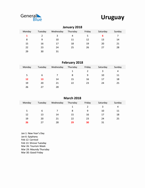 Printable Quarterly Calendar with Notes and Uruguay Holidays- Q1 of 2018