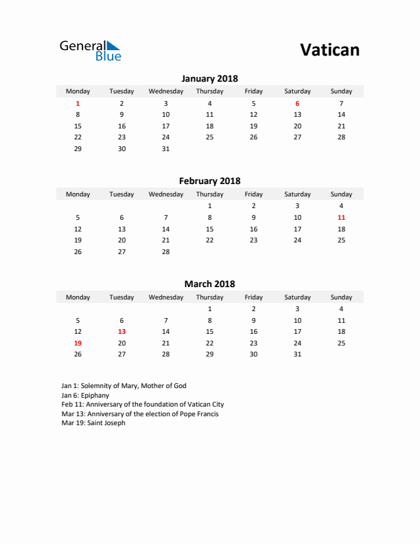 Printable Quarterly Calendar with Notes and Vatican Holidays- Q1 of 2018