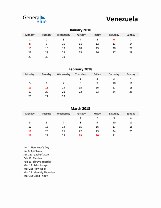 Printable Quarterly Calendar with Notes and Venezuela Holidays- Q1 of 2018