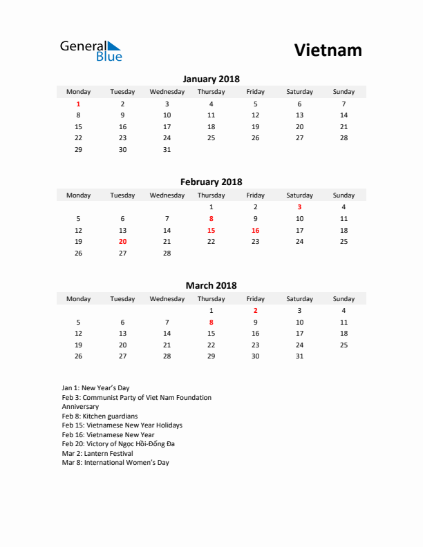 Printable Quarterly Calendar with Notes and Vietnam Holidays- Q1 of 2018