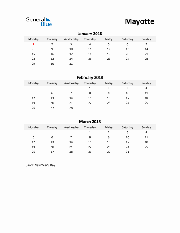 Printable Quarterly Calendar with Notes and Mayotte Holidays- Q1 of 2018