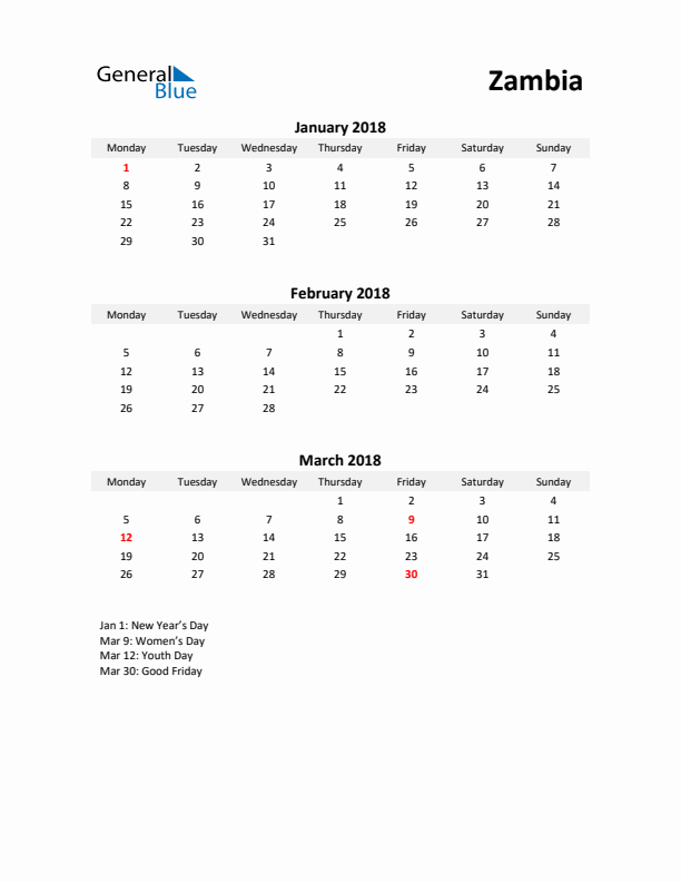 Printable Quarterly Calendar with Notes and Zambia Holidays- Q1 of 2018