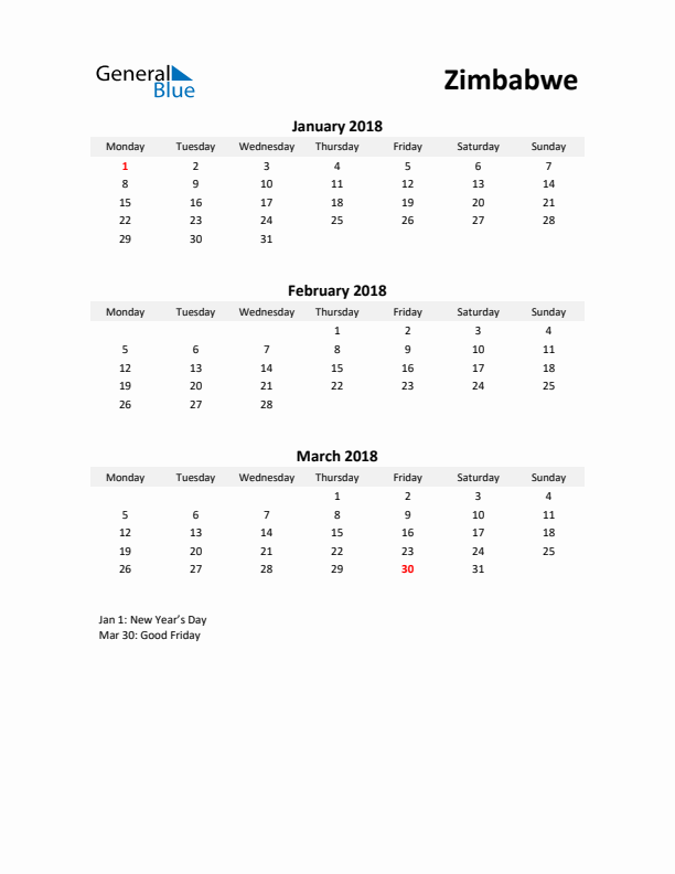 Printable Quarterly Calendar with Notes and Zimbabwe Holidays- Q1 of 2018