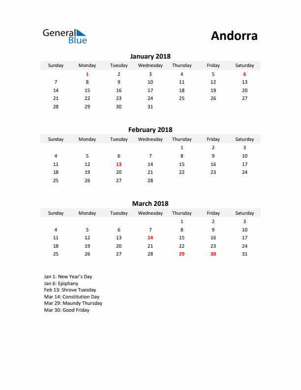 Printable Quarterly Calendar with Notes and Andorra Holidays- Q1 of 2018