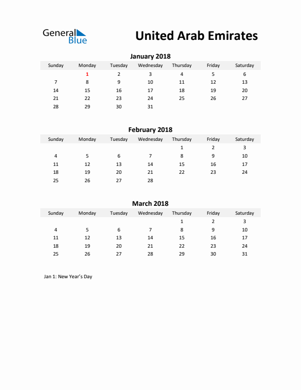 Printable Quarterly Calendar with Notes and United Arab Emirates Holidays- Q1 of 2018