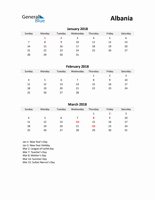 Printable Quarterly Calendar with Notes and Albania Holidays- Q1 of 2018