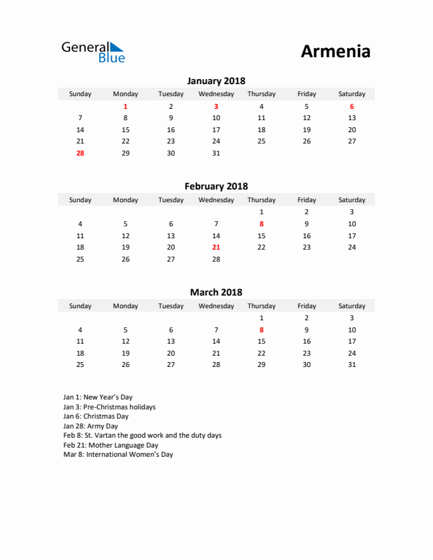 Printable Quarterly Calendar with Notes and Armenia Holidays- Q1 of 2018