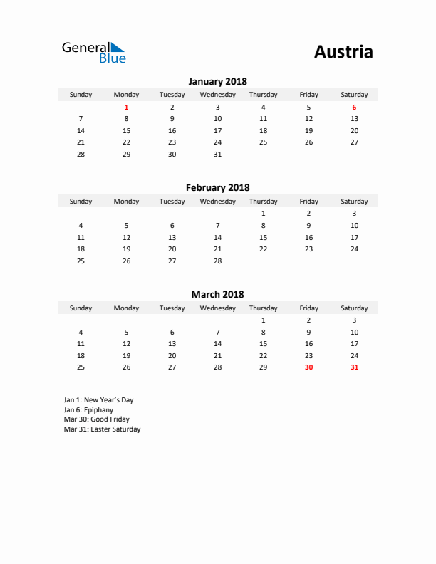 Printable Quarterly Calendar with Notes and Austria Holidays- Q1 of 2018