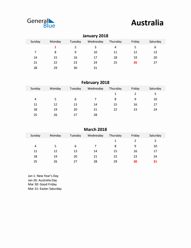 Printable Quarterly Calendar with Notes and Australia Holidays- Q1 of 2018