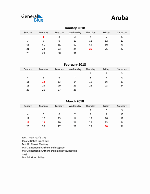 Printable Quarterly Calendar with Notes and Aruba Holidays- Q1 of 2018