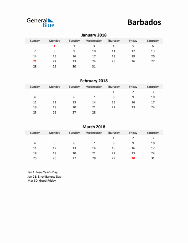 Printable Quarterly Calendar with Notes and Barbados Holidays- Q1 of 2018