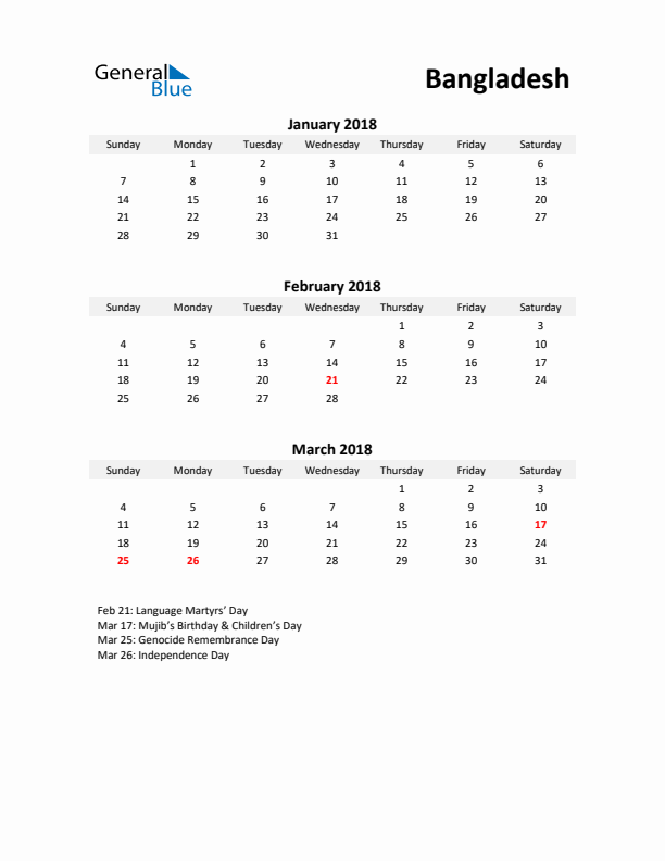 Printable Quarterly Calendar with Notes and Bangladesh Holidays- Q1 of 2018