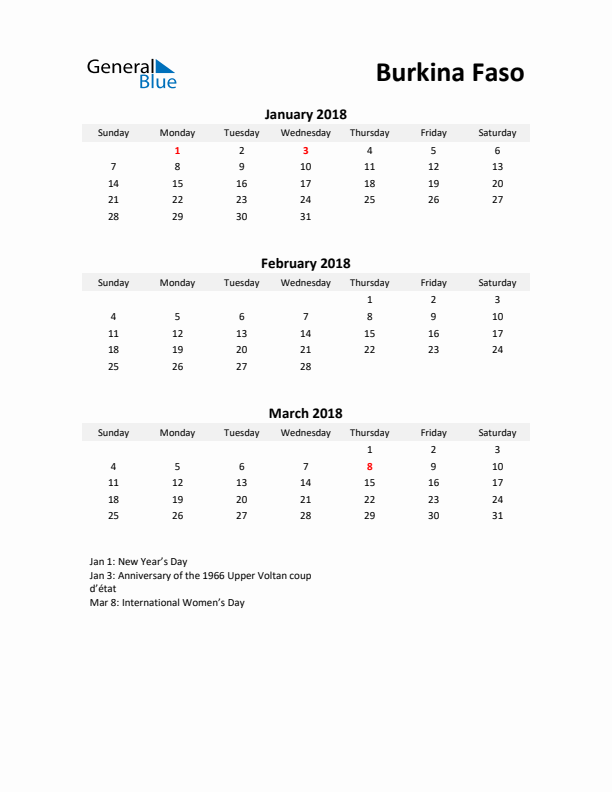 Printable Quarterly Calendar with Notes and Burkina Faso Holidays- Q1 of 2018