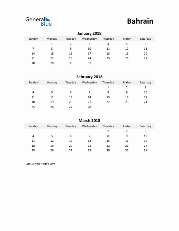 Printable Quarterly Calendar with Notes and Bahrain Holidays- Q1 of 2018